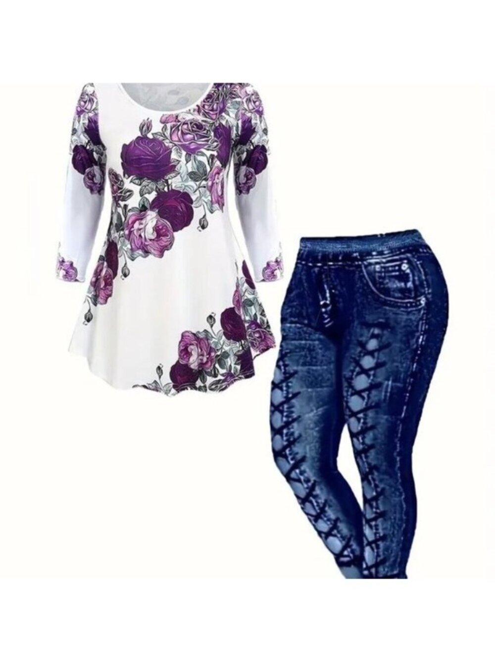 Denim-Effect Laced High Waisted Plus Size High Waisted Tummy Control Legging set